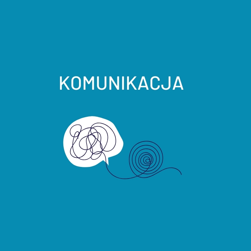 Napis: Komunikacja. W białej plamie symbolizującej mózg jest zagmatwana linia, która po wyjściu z mózgu zawija się w kłębek.