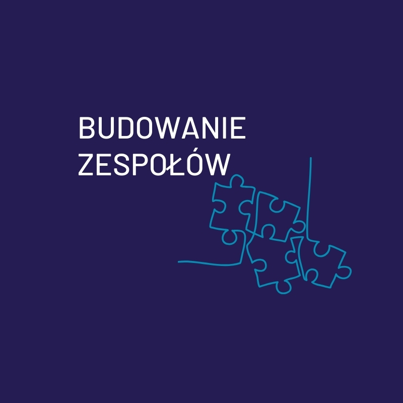 Napis: budowanie zespołów. Linia układa się w częściowo pasujące do siebie puzzle.