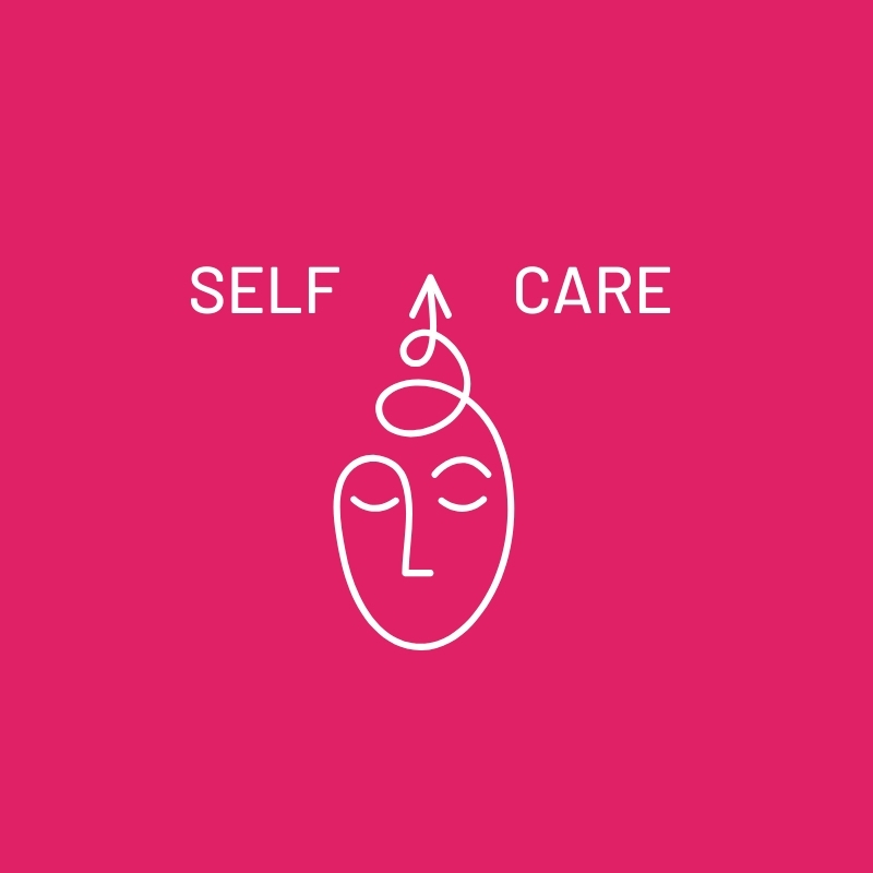 Napis: self care, twarz narysowana jedną linią, która kończy się strzałką wychodzącą z głowy (strzałka ma symbolizować wzrost)